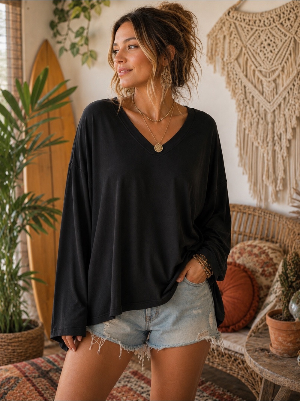 POL Oversized Long Sleeve Tee | Large | Black | 100% Cotton | Boho Relaxed Fit